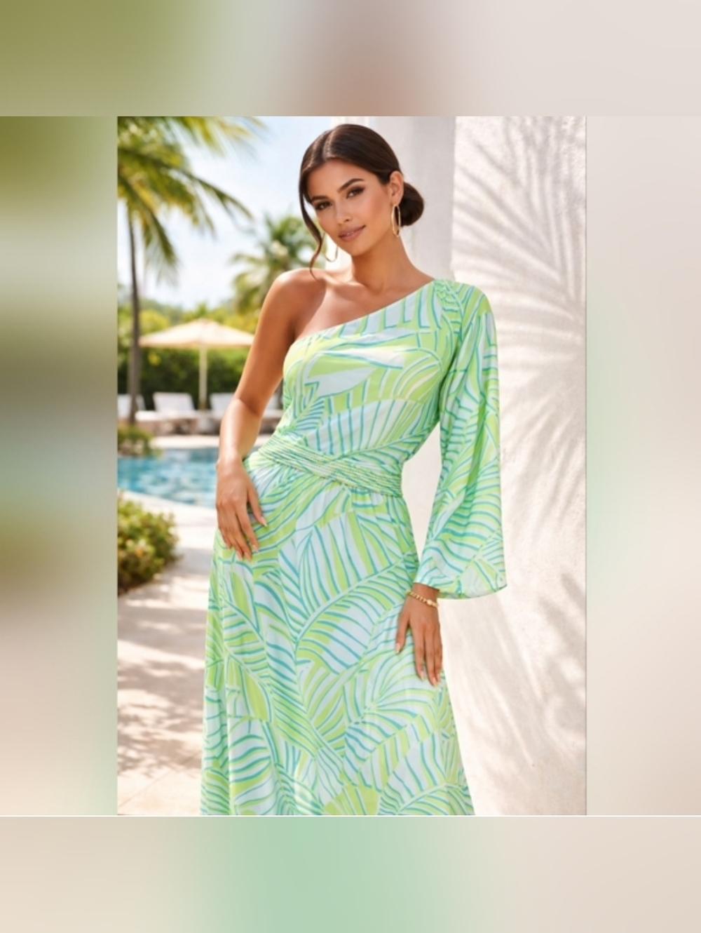 Boston Proper Tropical One-Shoulder Green Leaf Print Maxi Dress Size 10 NWT